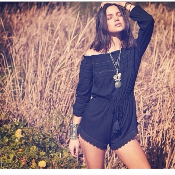 ISO black crochet lace trim off shoulder romper